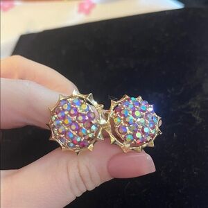 Vintage Gold Tone AB Rhinestone Sun Earrings
